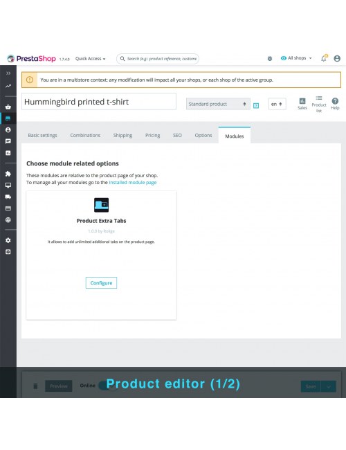 Tab option in the product editor of the module Product Extra Tabs