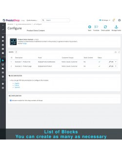 Lists of blocks in module Product Extra Content for PrestaShop