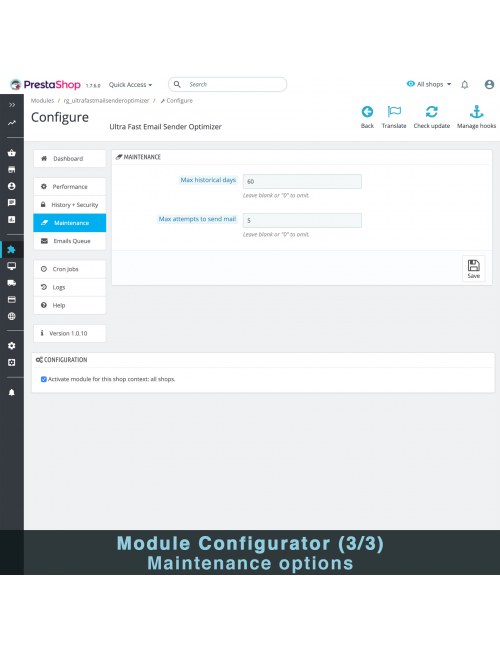 Maintenance settings of the module Ultra Fast Email Sender Optimizer for PrestaShop